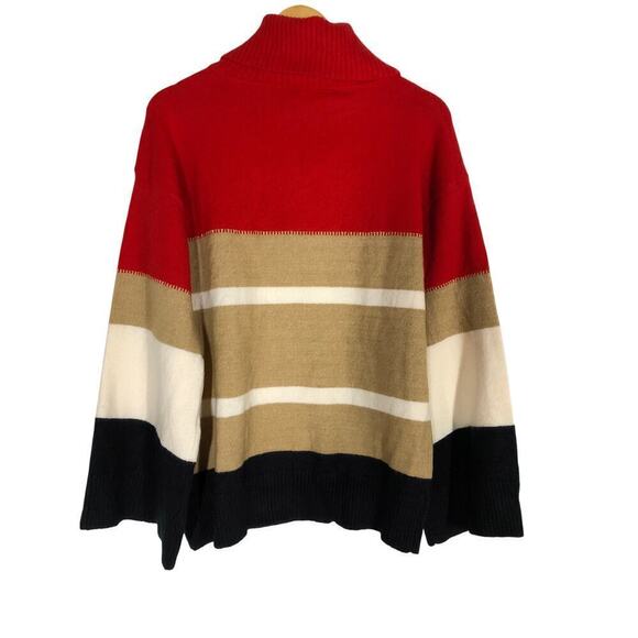 H Halston Sweater Striped Colorblock Cowl Neck Pullover Red Combo NWT S - Picture 3 of 8